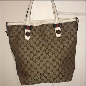Authentic Gucci Brown White Nickel Signature Tote